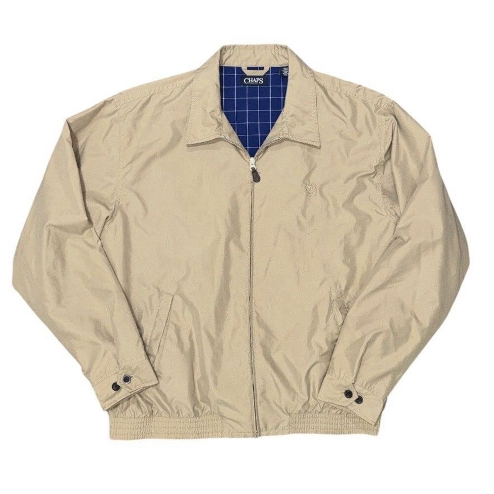 Chaps Harrington Jacket L Tan Khaki Plaid Lined Golf Bomber Crest Logo Sz XL